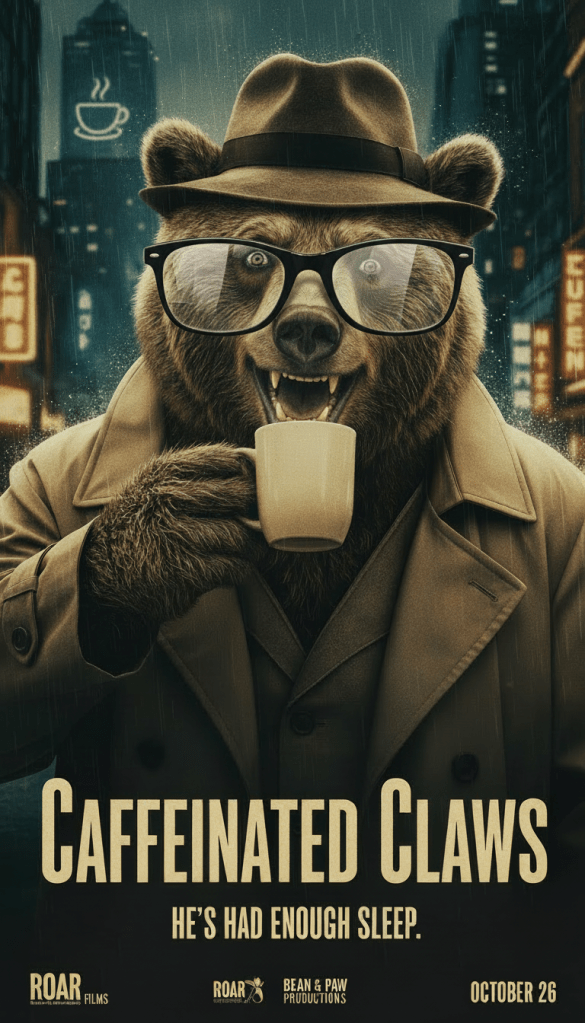 Movie poster of a bear drinking coffee